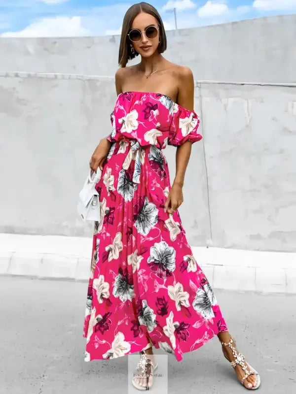 Fashionsarah.com Fashionsarah.com Pleated Floral Off-Shoulder Short Sleeve Midi Dress