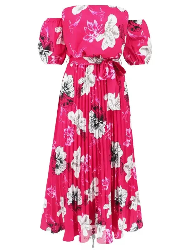 Fashionsarah.com Fashionsarah.com Pleated Floral Off-Shoulder Short Sleeve Midi Dress