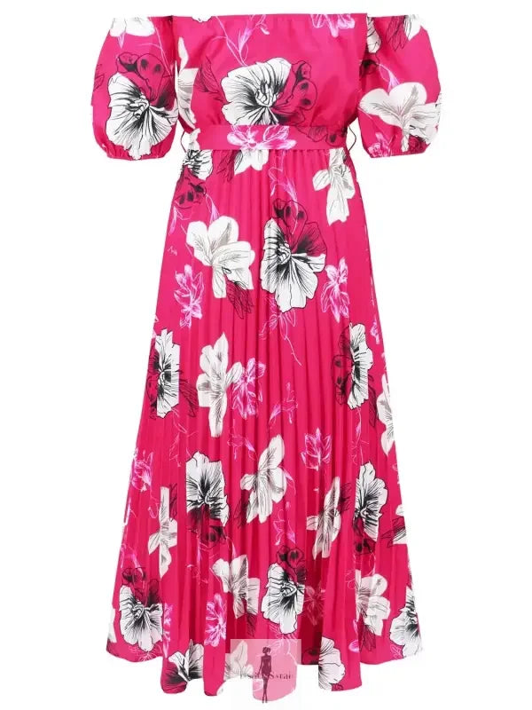 Fashionsarah.com Fashionsarah.com Pleated Floral Off-Shoulder Short Sleeve Midi Dress