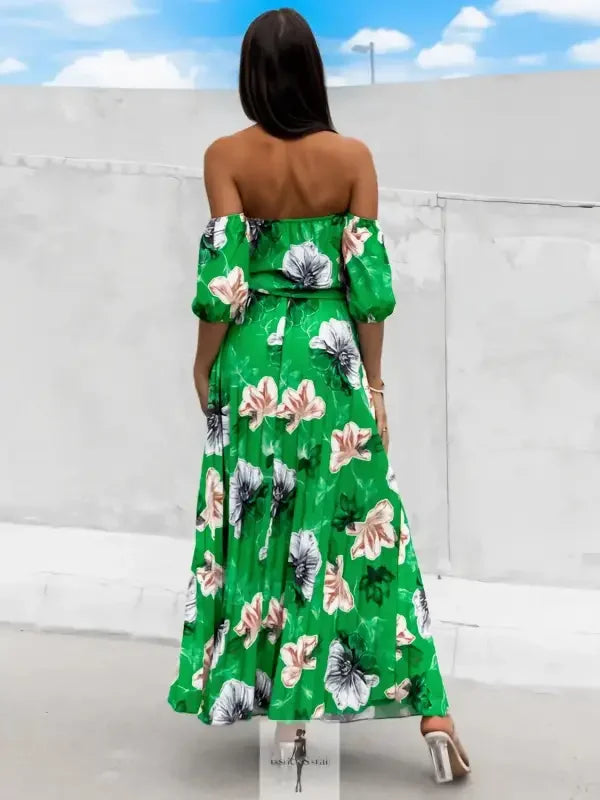 Fashionsarah.com Fashionsarah.com Pleated Floral Off-Shoulder Short Sleeve Midi Dress