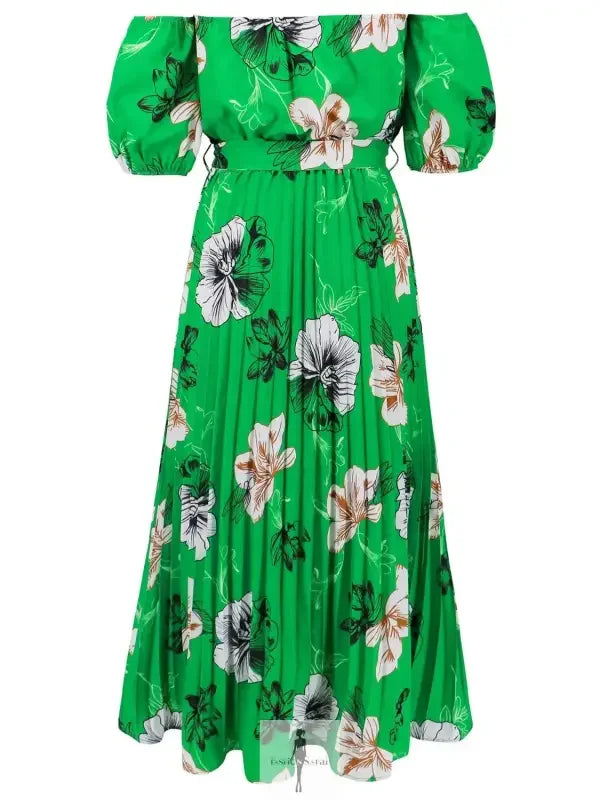 Fashionsarah.com Fashionsarah.com Pleated Floral Off-Shoulder Short Sleeve Midi Dress