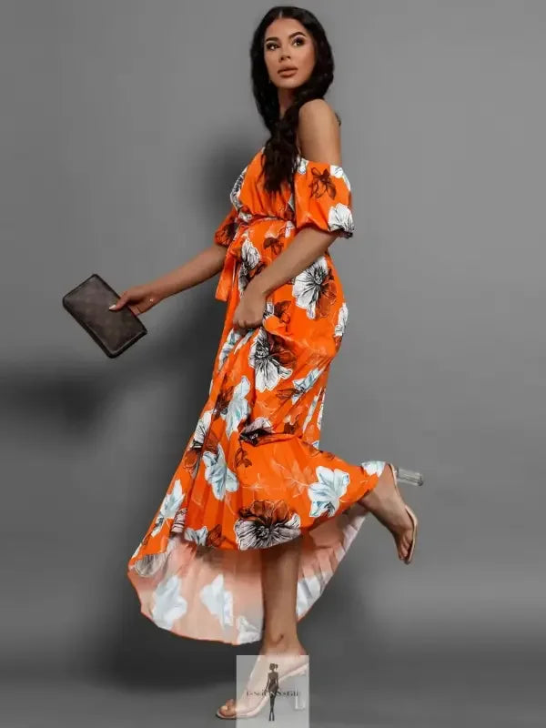 Fashionsarah.com Fashionsarah.com Pleated Floral Off-Shoulder Short Sleeve Midi Dress