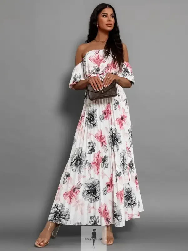 Fashionsarah.com Fashionsarah.com Pleated Floral Off-Shoulder Short Sleeve Midi Dress