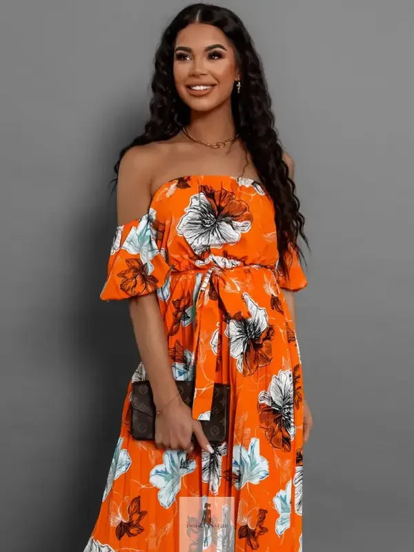 Fashionsarah.com Fashionsarah.com Pleated Floral Off-Shoulder Short Sleeve Midi Dress