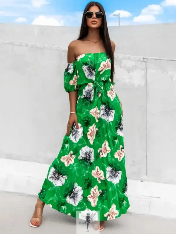 Fashionsarah.com Fashionsarah.com Pleated Floral Off-Shoulder Short Sleeve Midi Dress