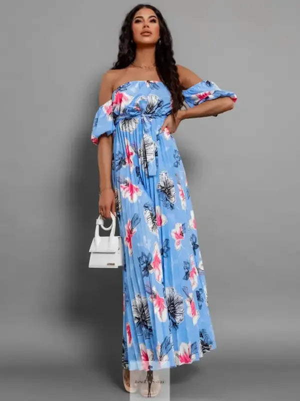 Fashionsarah.com Fashionsarah.com Pleated Floral Off-Shoulder Short Sleeve Midi Dress