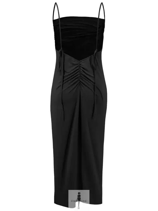 Black sleeveless Cami Dress with backless cowl neck and ruched back detail