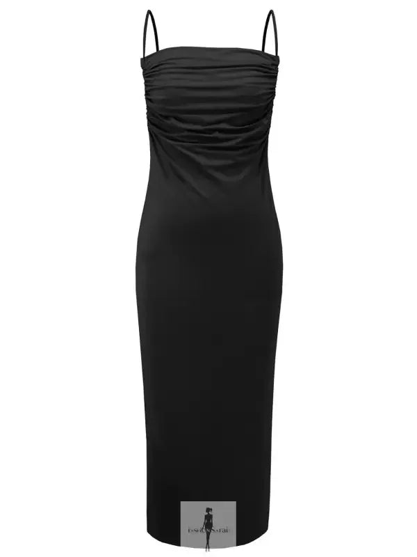 Black ruched midi dress with backless cowl neck and sleeveless cami design