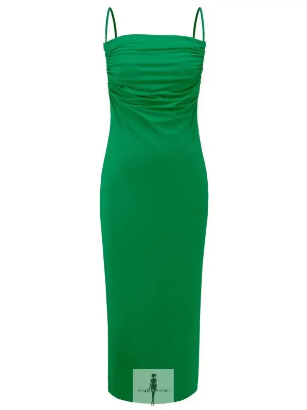 Green midi dress with spaghetti straps featuring backless cowl neck for a stylish sleeveless cami look