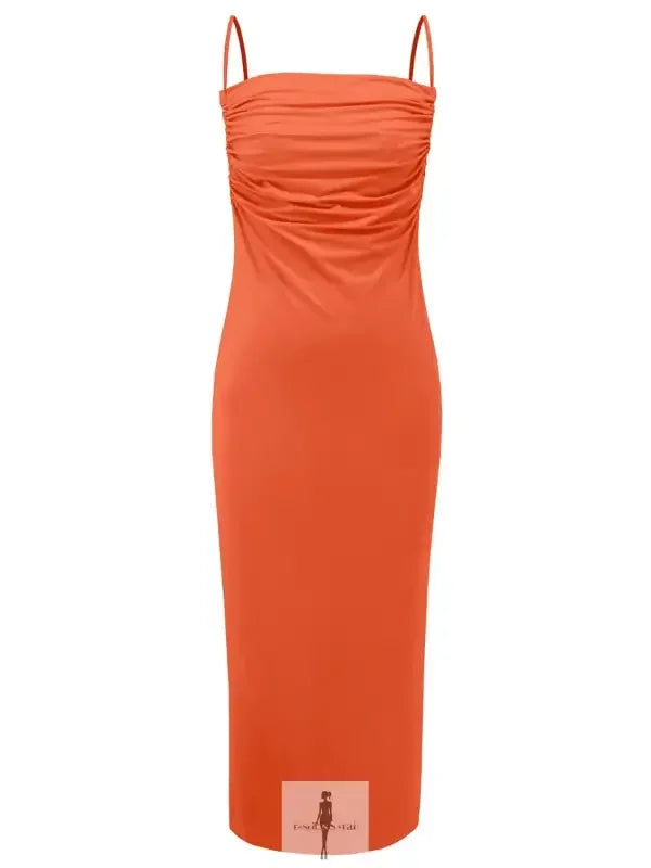 Orange ruched midi dress featuring a backless cowl neck and sleeveless cami style