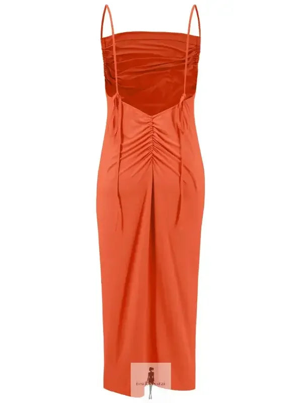 Orange sleeveless cami dress with backless cowl neck and ruched detailing