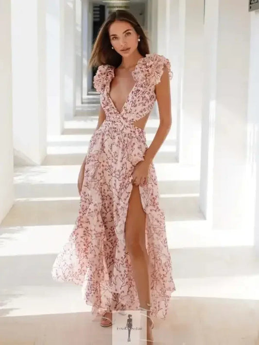 Fashionsarah.com Fashionsarah.com Ruffle Floral Split Long Dress Vacation Party Beach