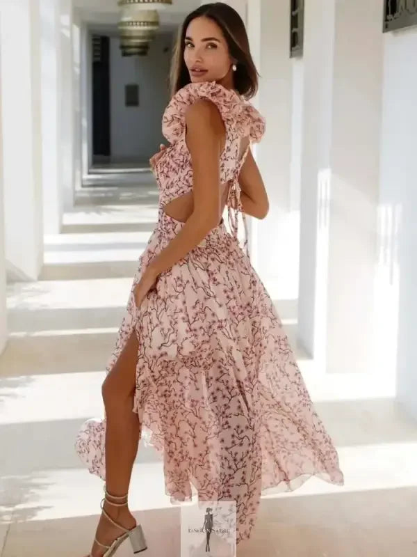 Fashionsarah.com Fashionsarah.com Ruffle Floral Split Long Dress Vacation Party Beach