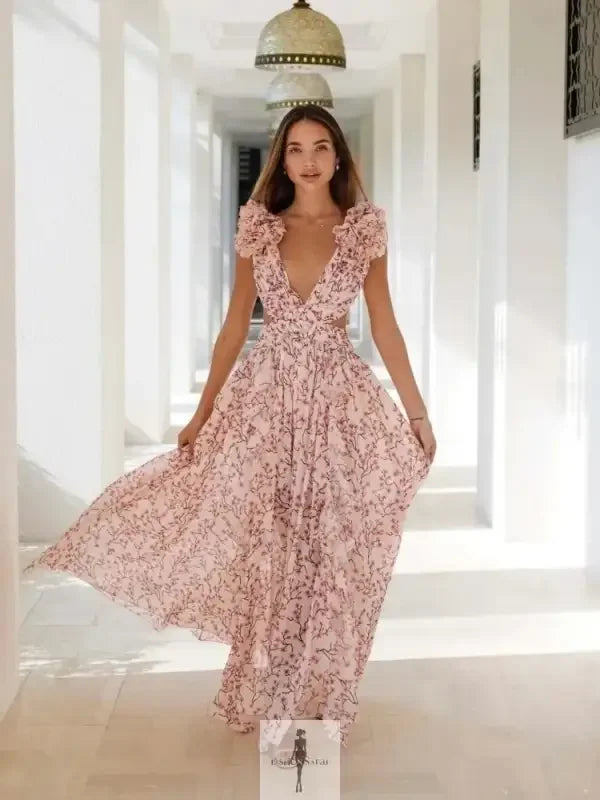 Fashionsarah.com Fashionsarah.com Ruffle Floral Split Long Dress Vacation Party Beach