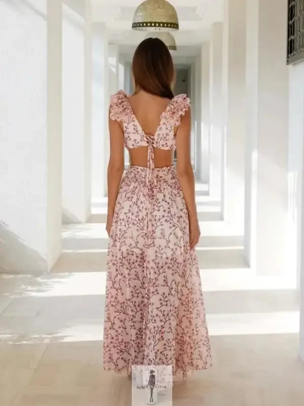 Fashionsarah.com Fashionsarah.com Ruffle Floral Split Long Dress Vacation Party Beach