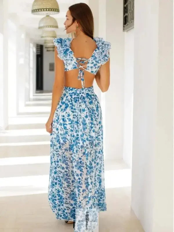 Fashionsarah.com Fashionsarah.com Ruffle Floral Split Long Dress Vacation Party Beach