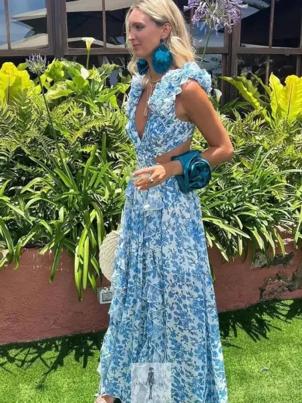 Fashionsarah.com Fashionsarah.com Ruffle Floral Split Long Dress Vacation Party Beach