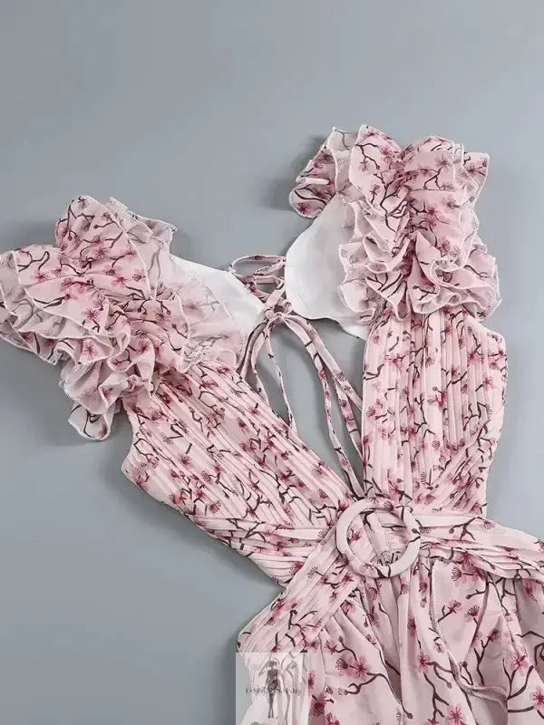 Fashionsarah.com Fashionsarah.com Ruffle Floral Split Long Dress Vacation Party Beach