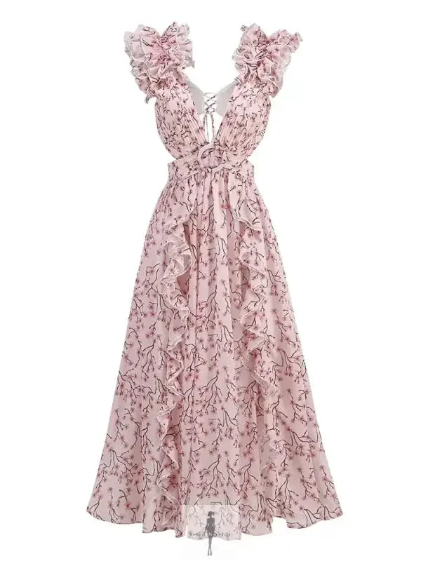 Fashionsarah.com Fashionsarah.com Ruffle Floral Split Long Dress Vacation Party Beach