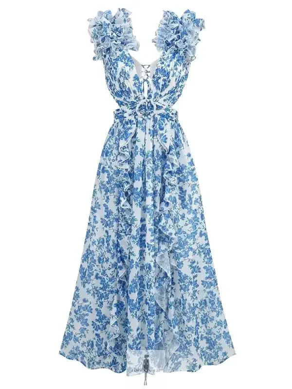Fashionsarah.com Fashionsarah.com Ruffle Floral Split Long Dress Vacation Party Beach