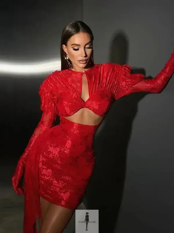 Fashionsarah.com Fashionsarah.com New Long Sleeves Cutout Pleated Mini Dress with Gloves