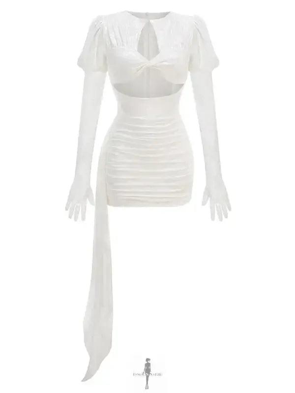 Fashionsarah.com Fashionsarah.com New Long Sleeves Cutout Pleated Mini Dress with Gloves