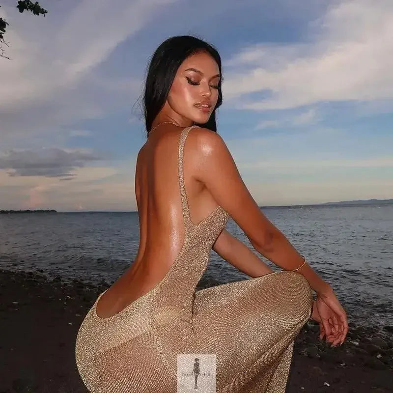 Fashionsarah.com Fashionsarah.com Gold Sequin Mesh Backless Dress