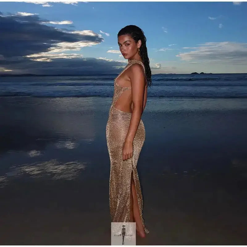 Gold Sequin Mesh Backless Dress