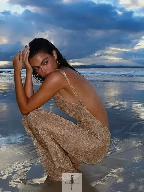 Gold Sequin Mesh Backless Dress | Fashionsarah.com