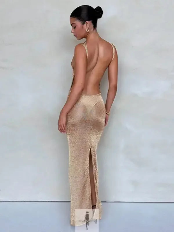 Fashionsarah.com Fashionsarah.com Gold Sequin Mesh Backless Dress