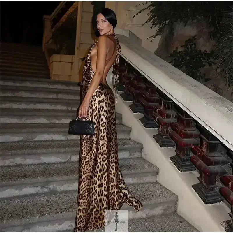 Fashionsarah.com Fashionsarah.com Sexy Backless Leopard Hang-neck Dress