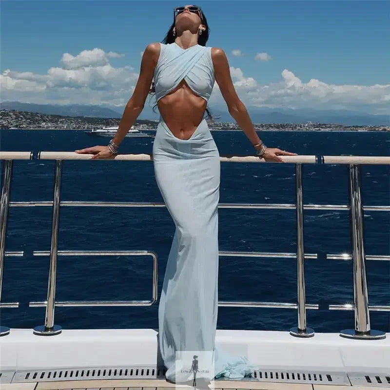 Fashionsarah.com Fashionsarah.com Blue Mesh Elegant Cut Out Dress