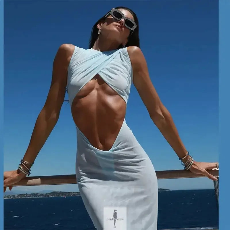 Fashionsarah.com Fashionsarah.com Blue Mesh Elegant Cut Out Dress