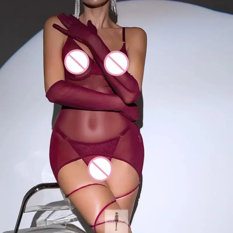 Fashionsarah.com Fashionsarah.com Erotic Strappy Bodycon Babydoll, G-String+Gauntlet Set 4pcs