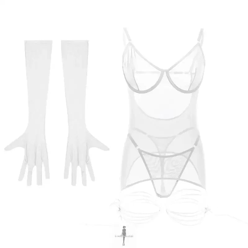 Fashionsarah.com Fashionsarah.com Erotic Strappy Bodycon Babydoll, G-String+Gauntlet Set 4pcs