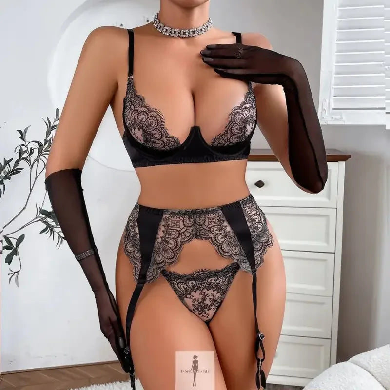 Fashionsarah.com Fashionsarah.com Embroidered Lace Lingerie Set with gloves 4pcs