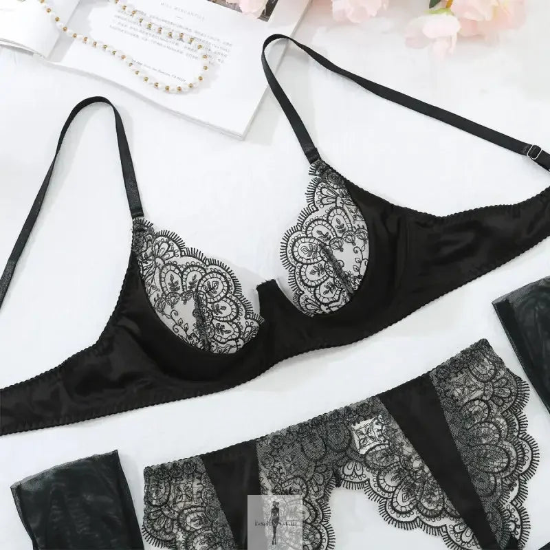 Fashionsarah.com Fashionsarah.com Embroidered Lace Lingerie Set with gloves 4pcs