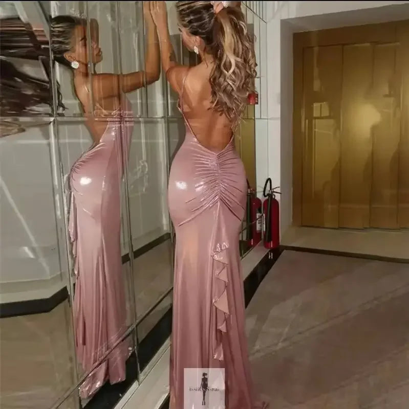 Backless bright pink fish tail dress displayed in the New Fashionable Bright Fish Tail Dress collection