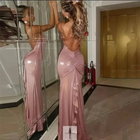 Backless bright pink fish tail dress displayed in the New Fashionable Bright Fish Tail Dress collection