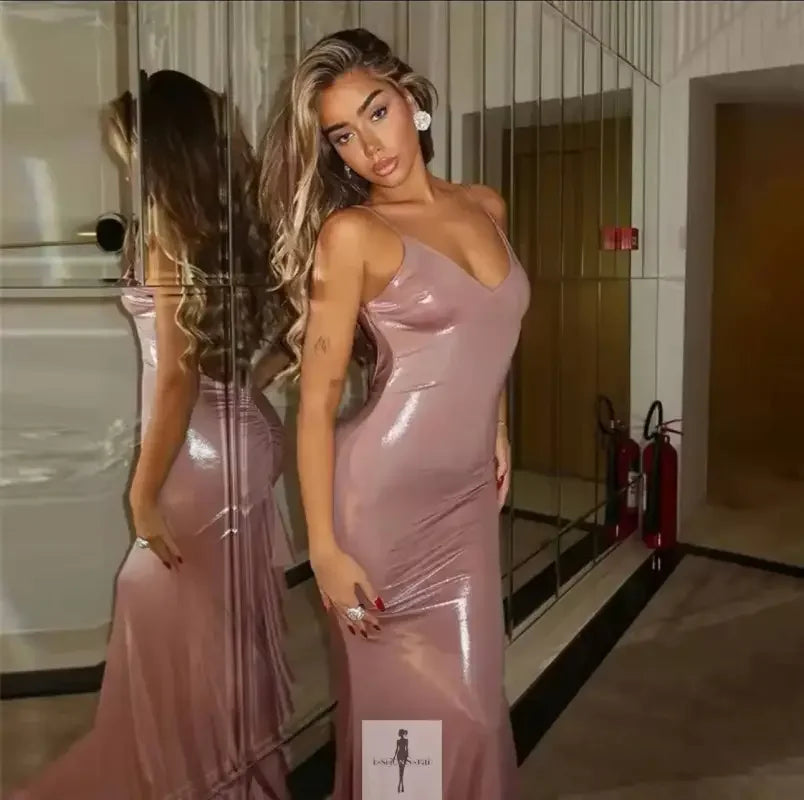 Shiny pink bright fish tail dress perfect for stylish office wear and evening occasions