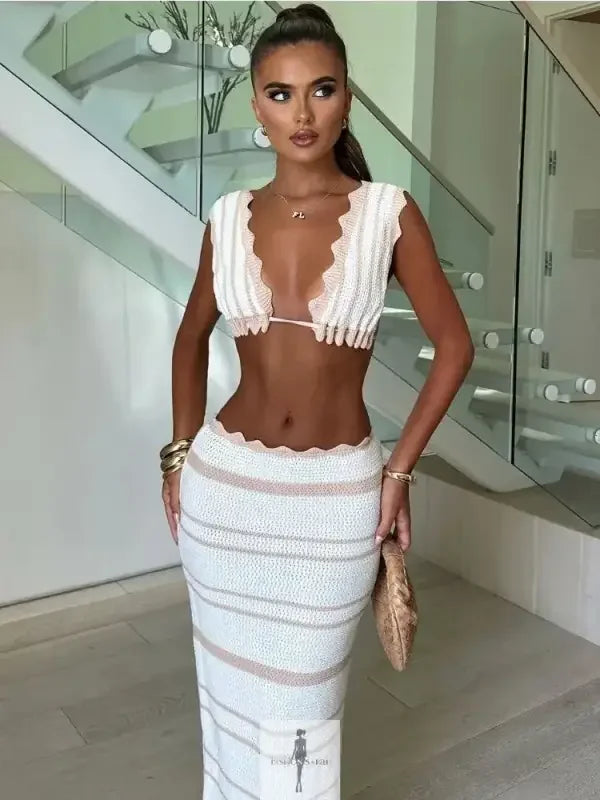 Fashionsarah.com Fashionsarah.com Knit Striped Long Skirt with Crop Top