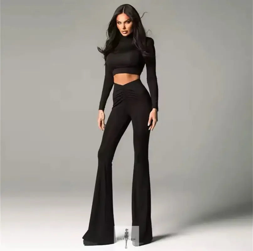 Fashionsarah.com Fashionsarah.com Crop Tops+Flare Pants Matching Stretch Streetwear Outfits