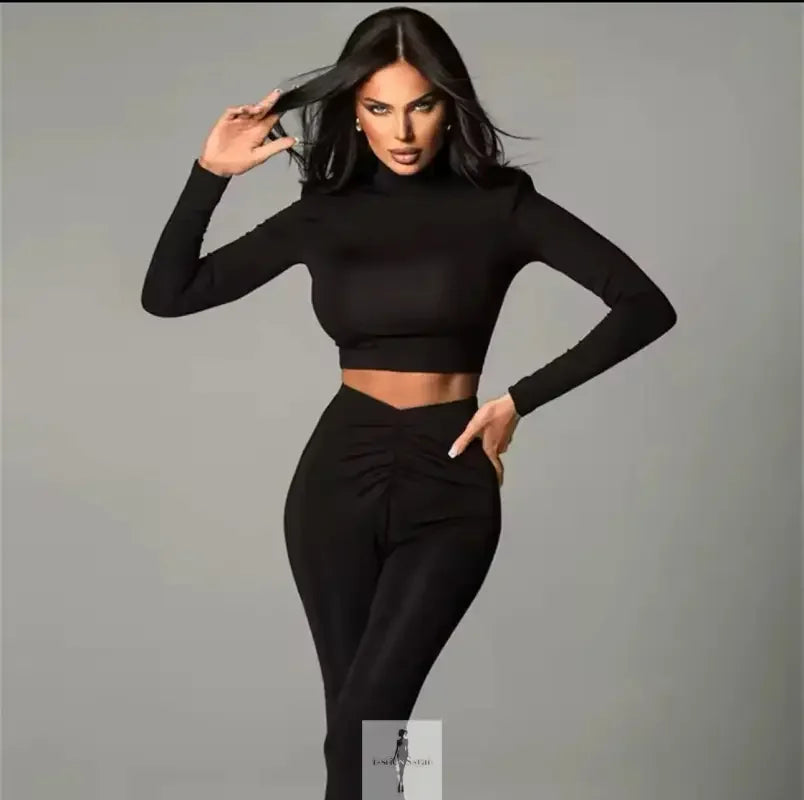 Fashionsarah.com Fashionsarah.com Crop Tops+Flare Pants Matching Stretch Streetwear Outfits