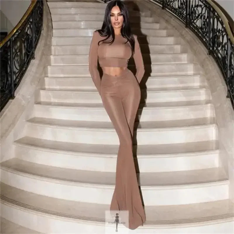 Fashionsarah.com Fashionsarah.com Crop Tops+Flare Pants Matching Stretch Streetwear Outfits