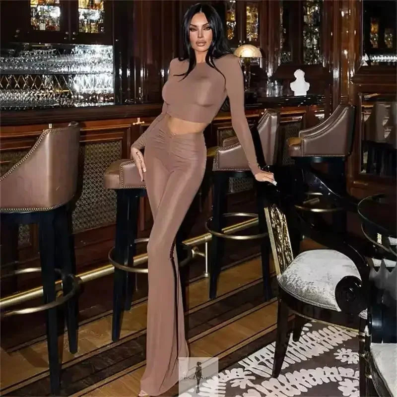 Fashionsarah.com Fashionsarah.com Crop Tops+Flare Pants Matching Stretch Streetwear Outfits