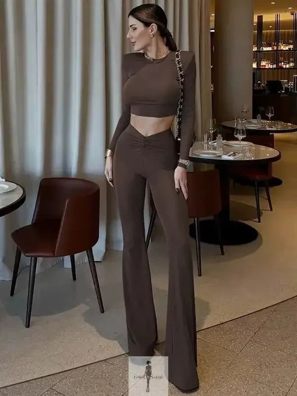 Fashionsarah.com Fashionsarah.com Crop Tops+Flare Pants Matching Stretch Streetwear Outfits