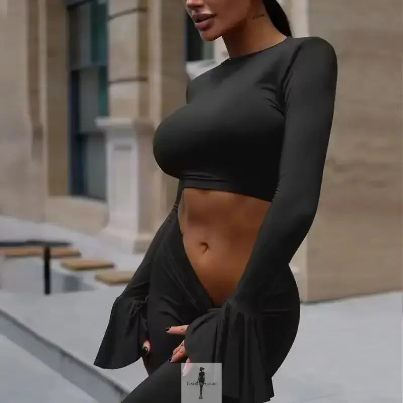 Fashionsarah.com Fashionsarah.com Crop Tops+Flare Pants Matching with Ruffle Detail