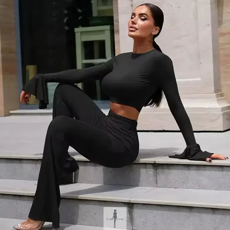 Fashionsarah.com Fashionsarah.com Crop Tops+Flare Pants Matching with Ruffle Detail