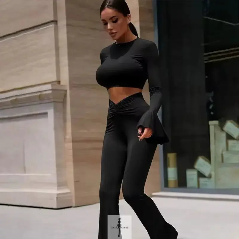 Fashionsarah.com Fashionsarah.com Crop Tops+Flare Pants Matching with Ruffle Detail