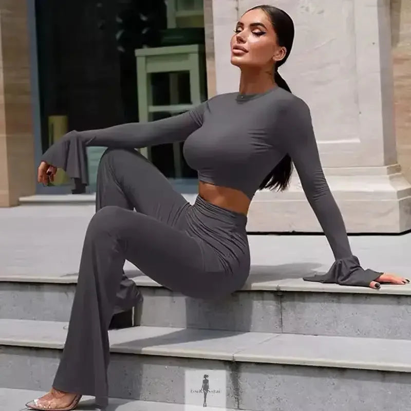 Fashionsarah.com Fashionsarah.com Crop Tops+Flare Pants Matching with Ruffle Detail